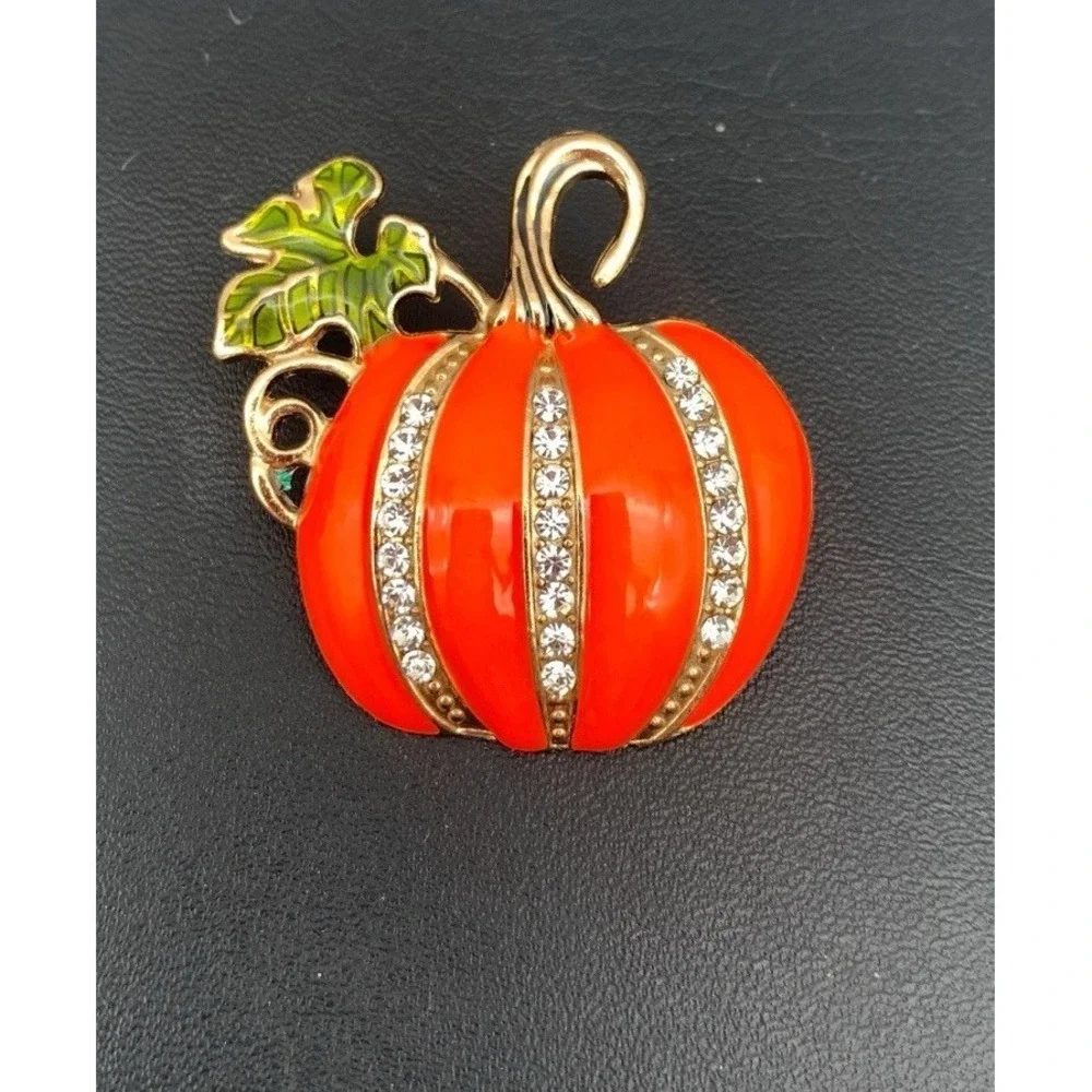 Gold Tone And Yellow And Green Enamel Pumpkin Brooch‎